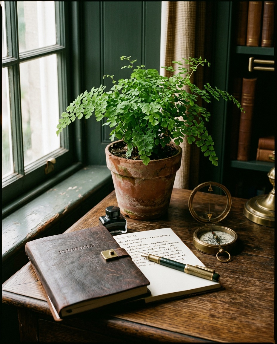 A leather notebook, brass compass, and fountain pen on a desk in a dark green study
