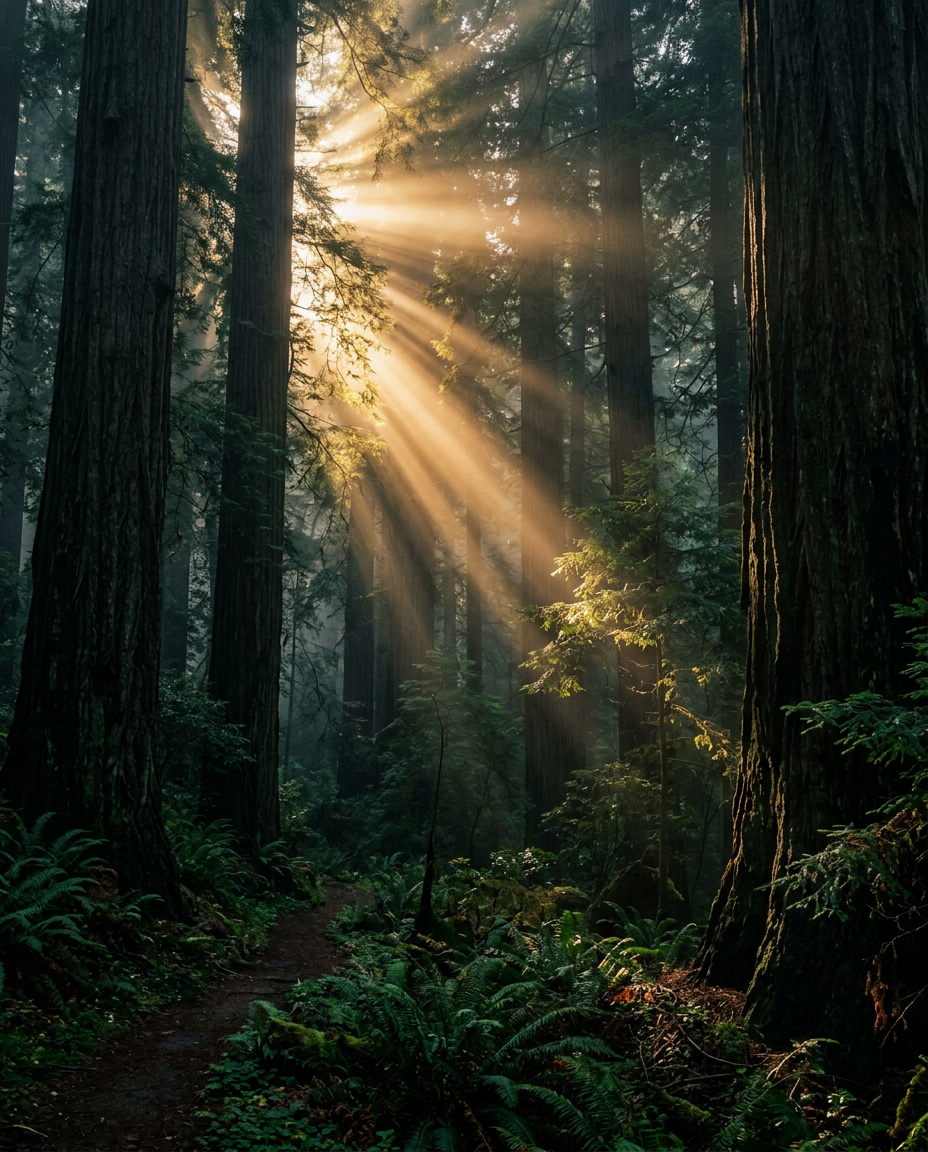 Golden light streaming through towering redwoods in a misty green forest